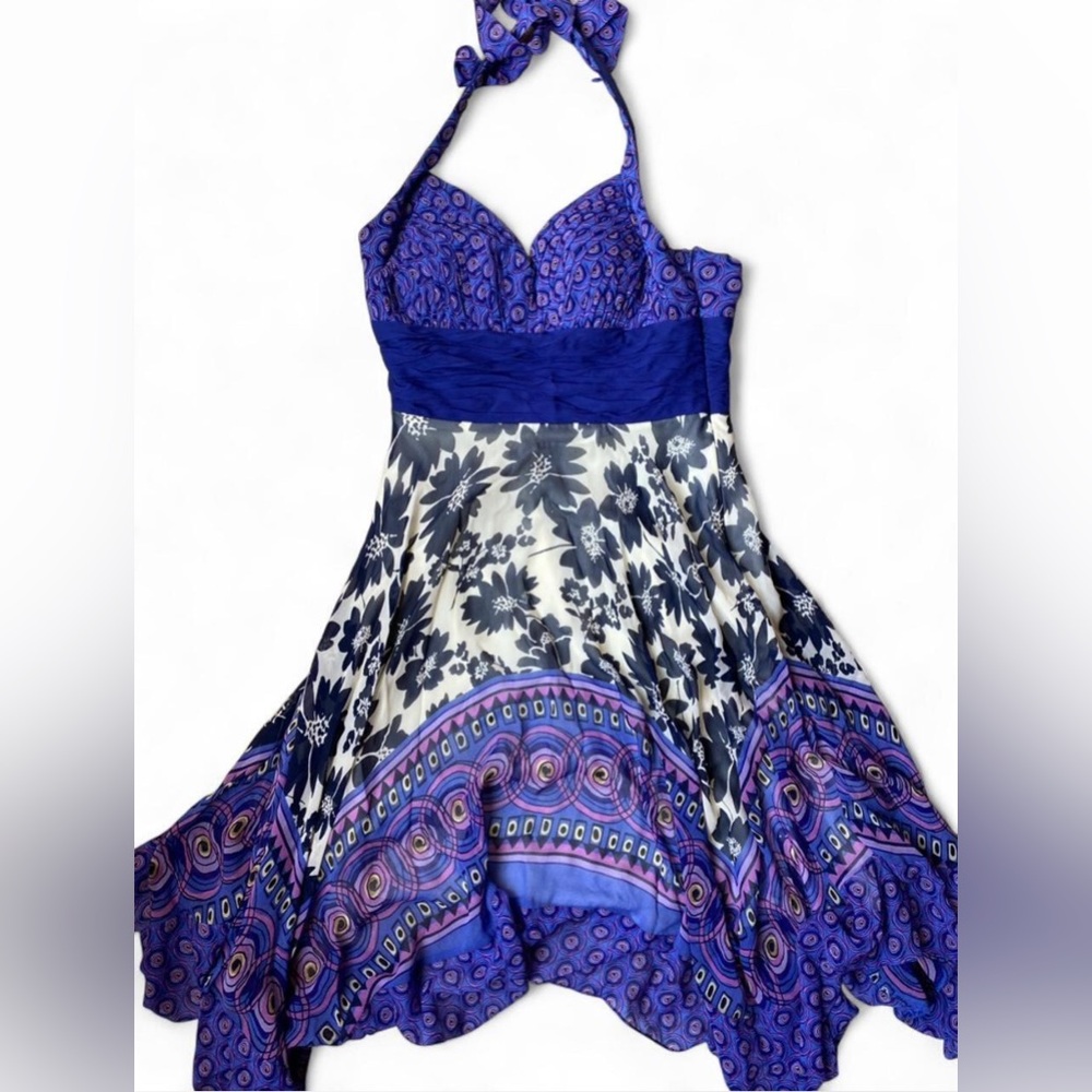 Sangria 100% Silk Bohemian Halter Floral Dress Womens 4 Y2K Fairy Beach Vacation